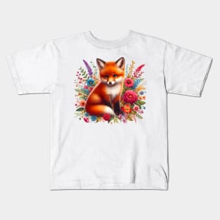 A red fox decorated with beautiful colorful flowers. Kids T-Shirt